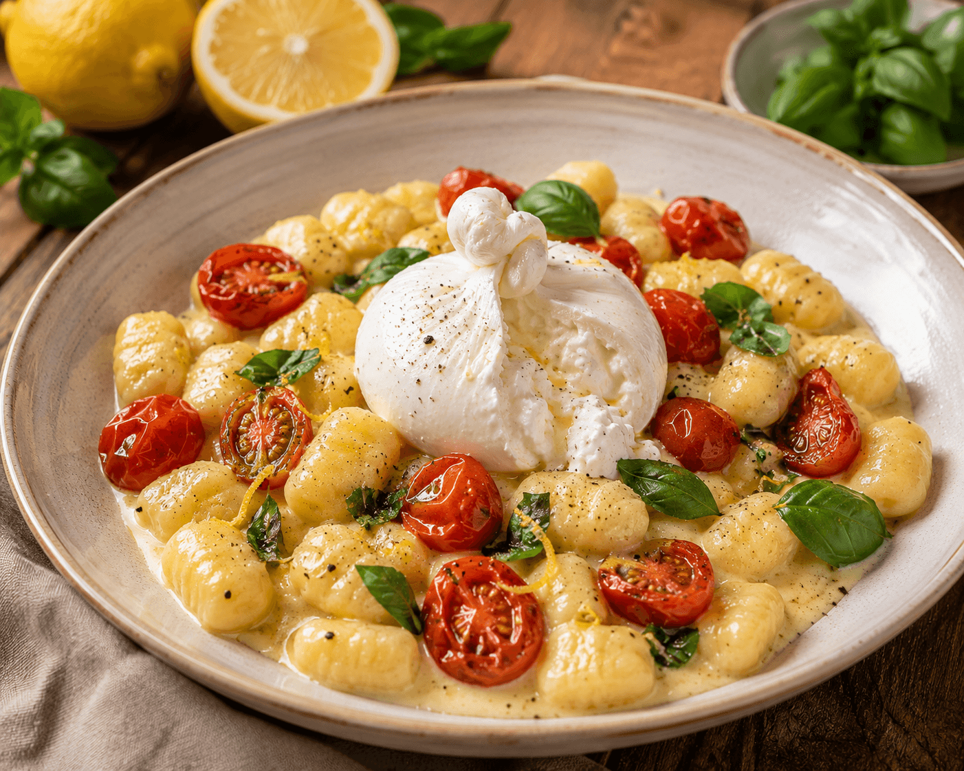 Gnocchi al Limone met Burrata, Basilicum en Geroosterde Cherrytomaten