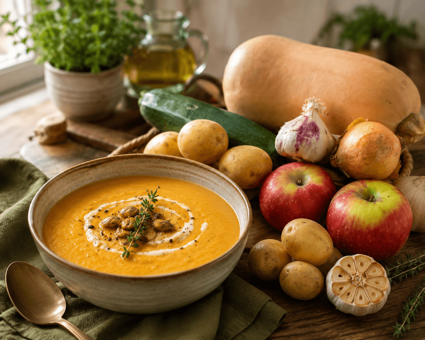 Romige geroosterde pompoen-courgettesoep met appel en knoflook