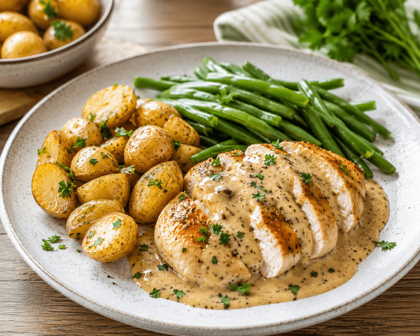 Hollandse kipfilet met romige mosterdsaus, sperziebonen en gebakken krieltjes
