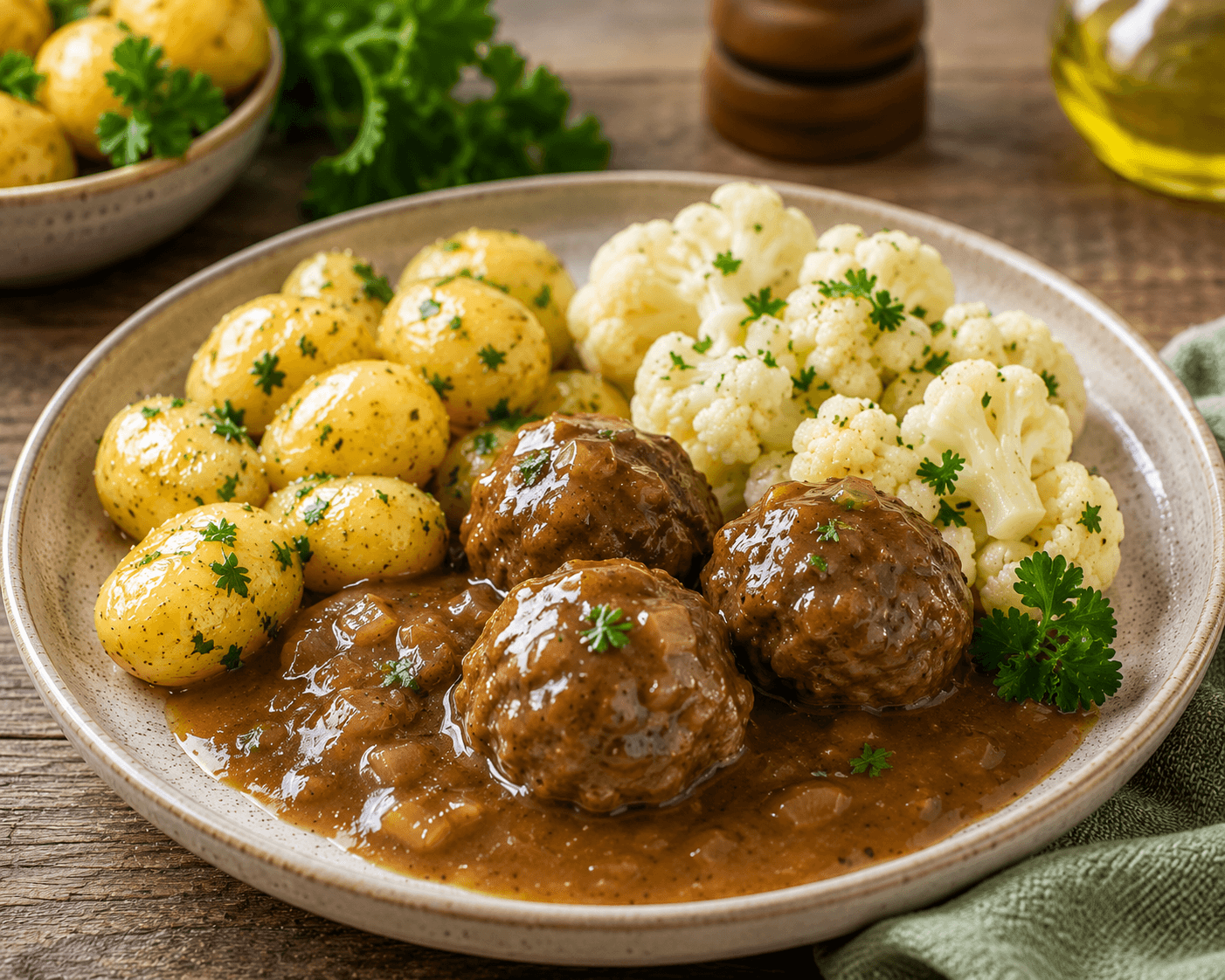 Zomerse Hollandse gehaktballen met jus, bloemkool en peterselie-aardappeltjes