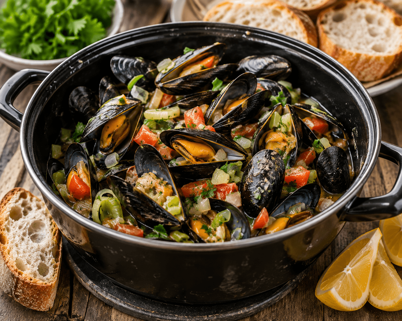 Hollandse mosselpan met prei, selderij, tomaat en knapperig brood