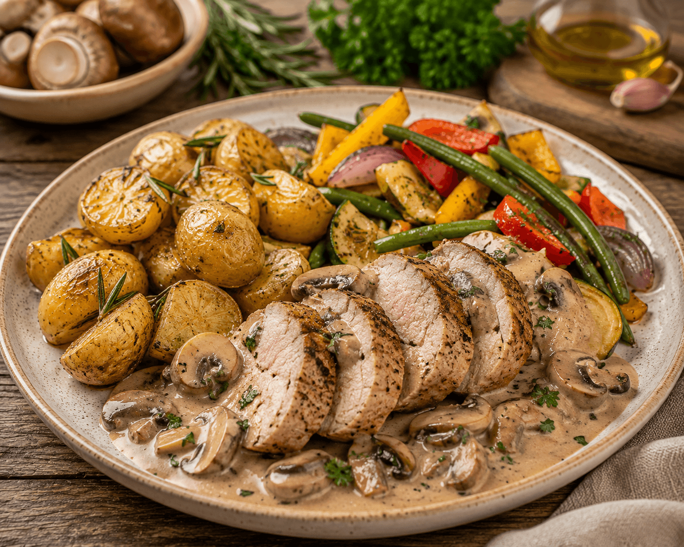 Varkenshaas met champignon-roomsaus, zomergroenten en rozemarijnaardappeltjes