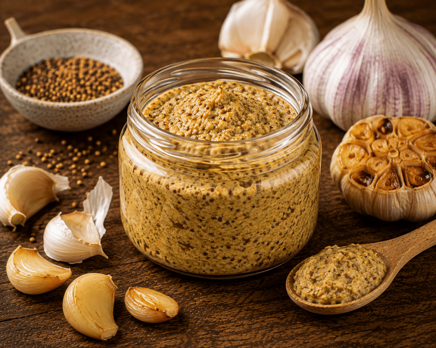Knoflookmosterd met geroosterde knoflook