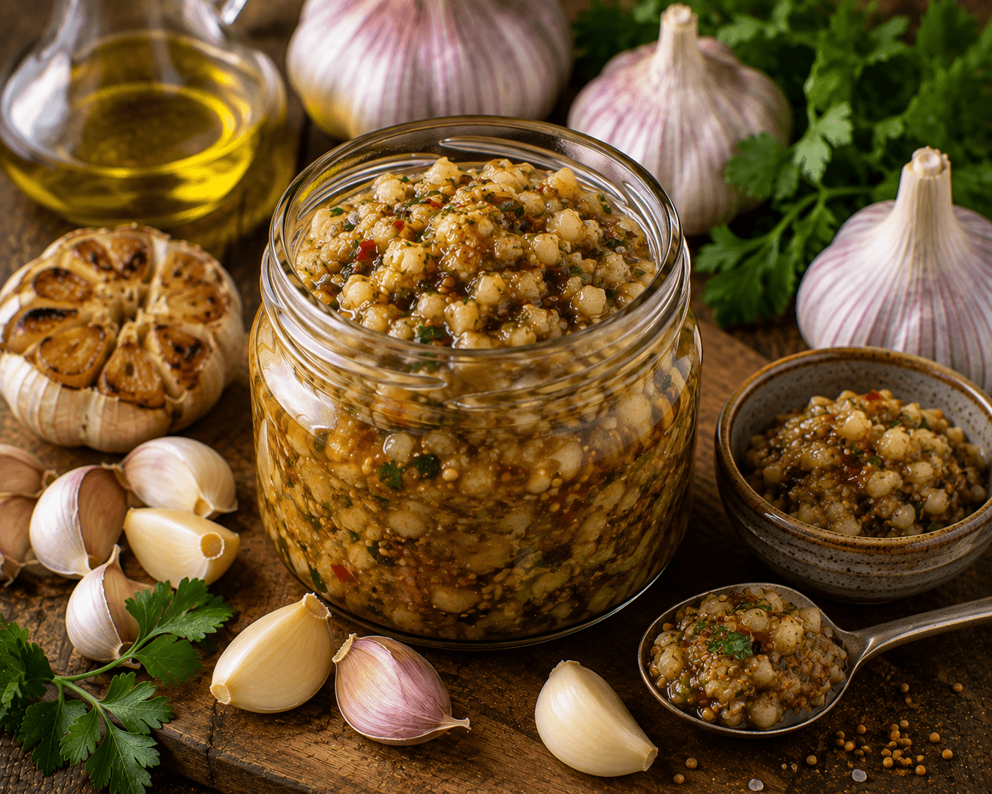 Knoflookrelish met geroosterde en verse knoflook