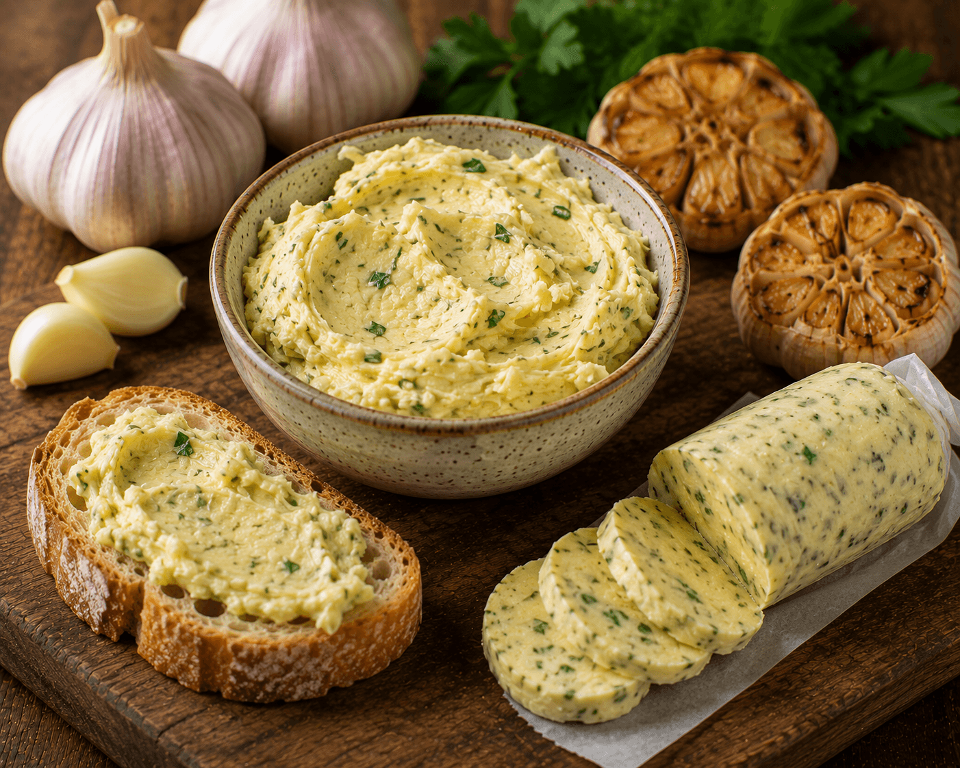 Knoflookboter van geroosterde en verse knoflook