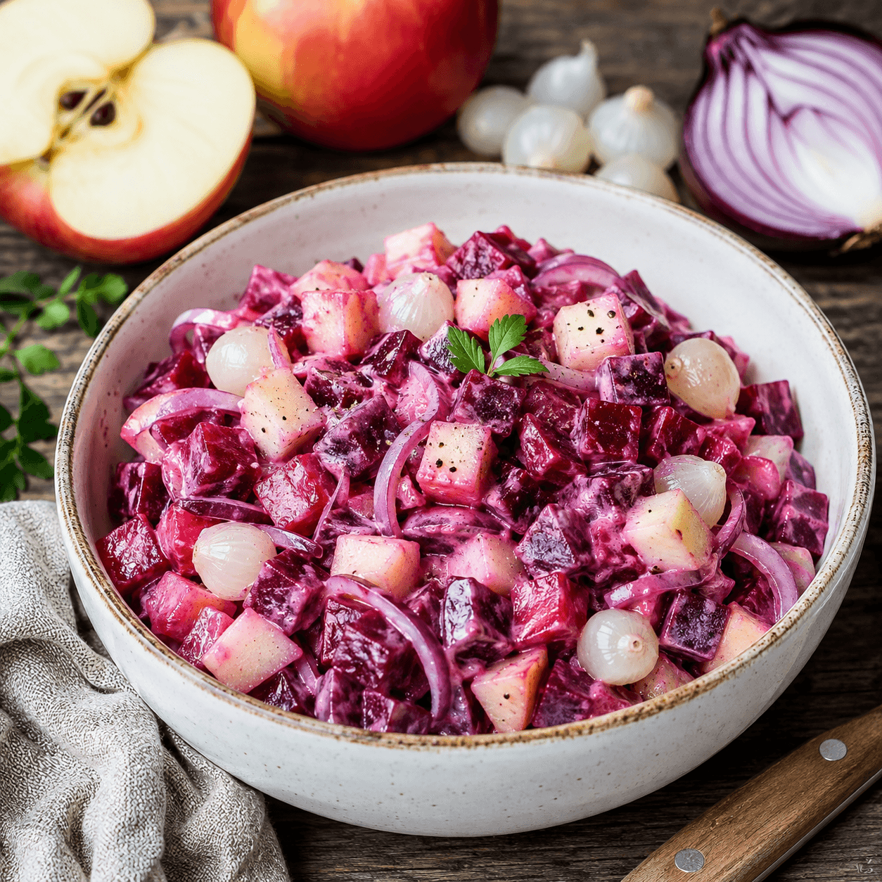 Frisse rodebietensalade met appel, zilveruitjes en rode ui